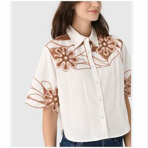 Never A Wallflower Palermo Shirt Womens XL White Button Down Floral Embroidered